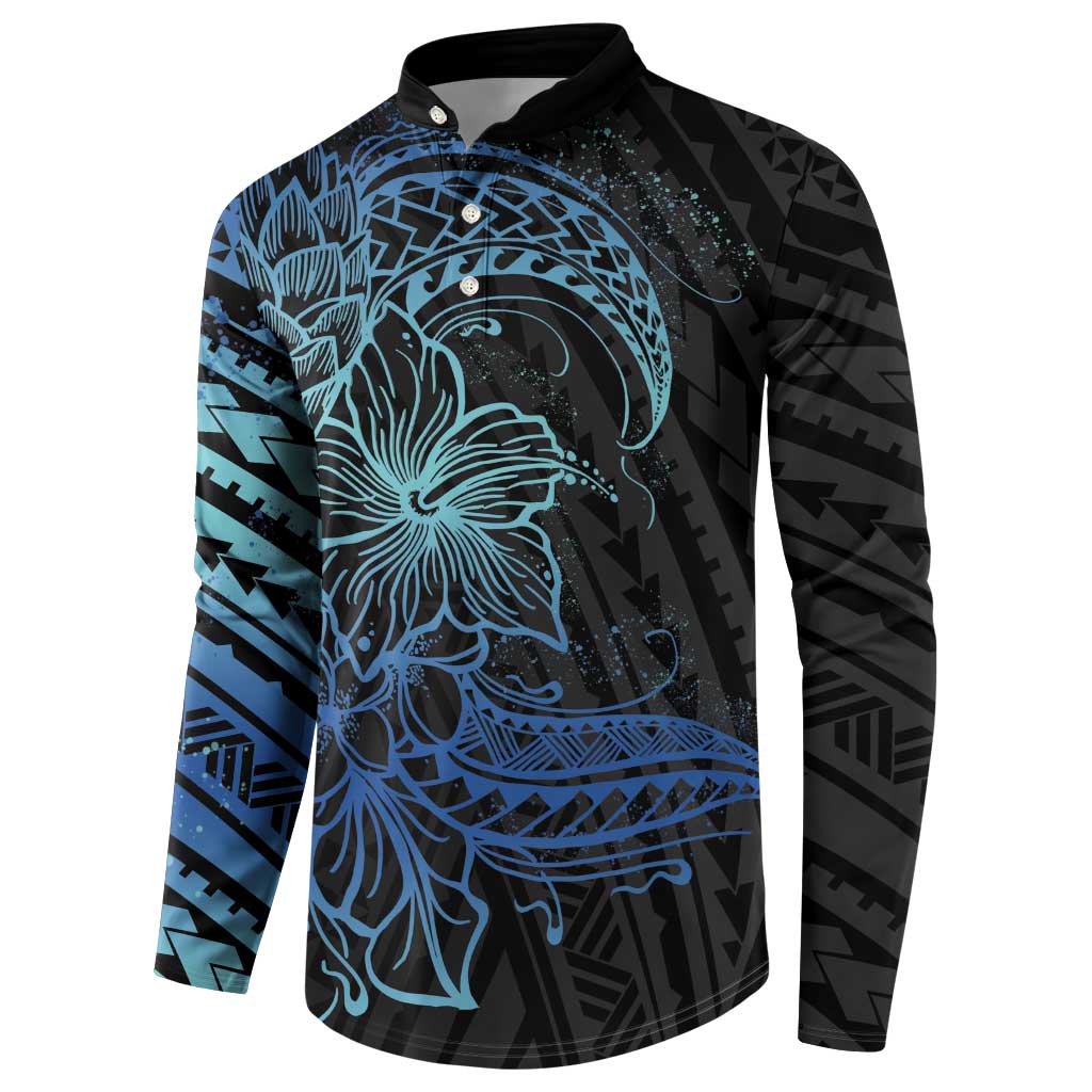 Floral Polynesian Hibiscus Tattoo Button Sweatshirt Blue Gradient Style