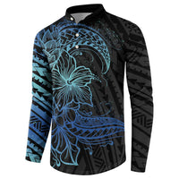 Floral Polynesian Hibiscus Tattoo Button Sweatshirt Blue Gradient Style
