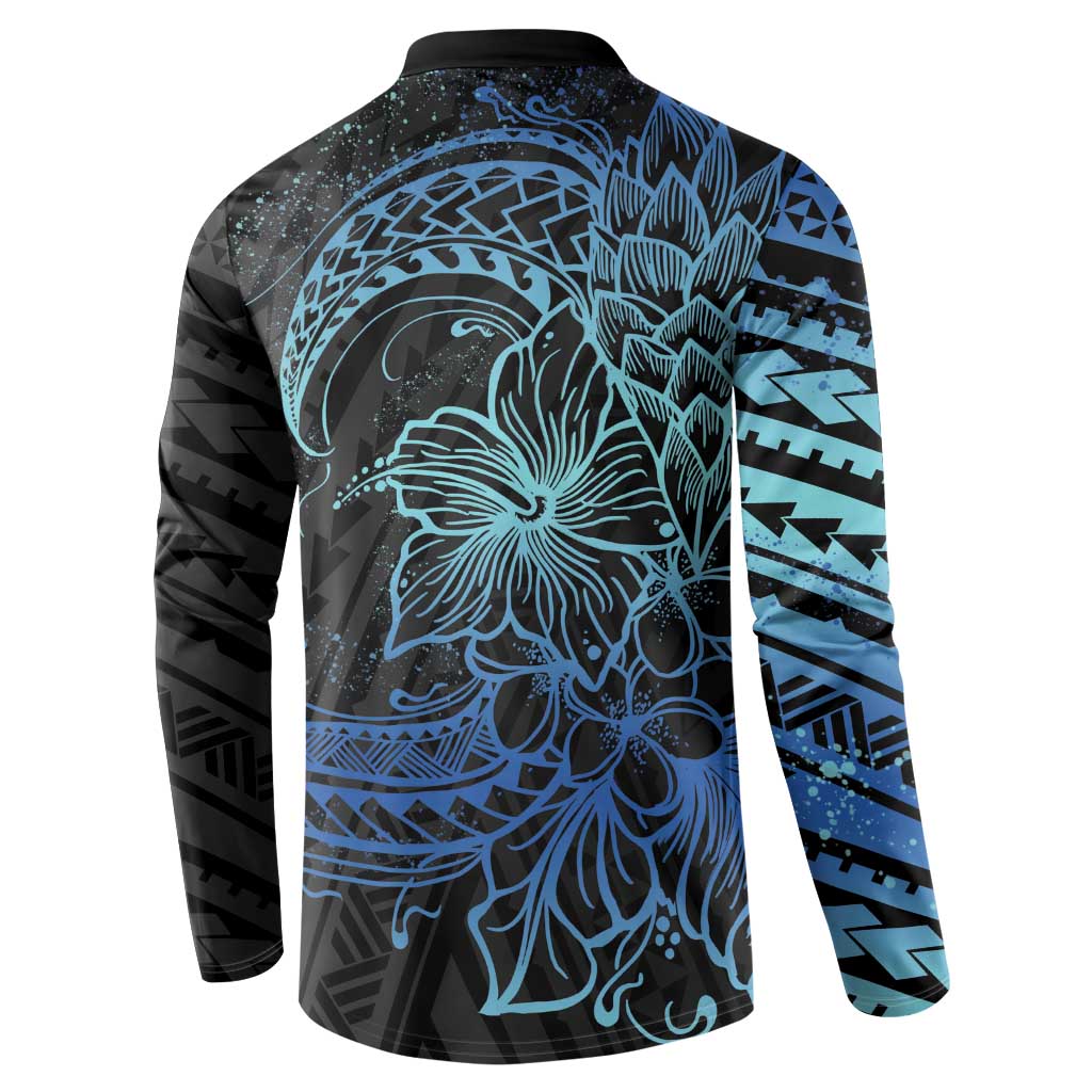 Floral Polynesian Hibiscus Tattoo Button Sweatshirt Blue Gradient Style