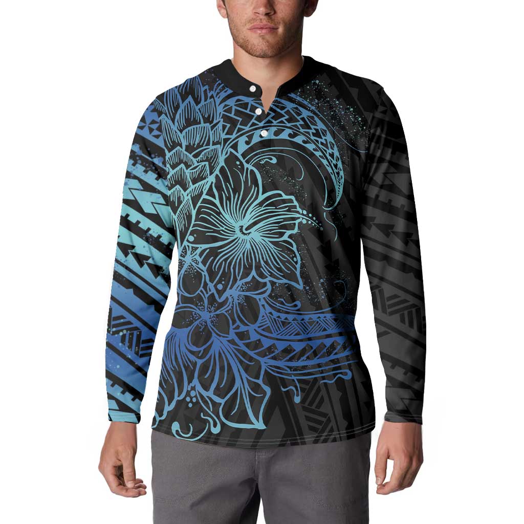 Floral Polynesian Hibiscus Tattoo Button Sweatshirt Blue Gradient Style