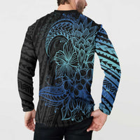 Floral Polynesian Hibiscus Tattoo Button Sweatshirt Blue Gradient Style