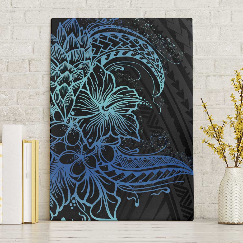 Floral Polynesian Hibiscus Tattoo Canvas Wall Art Blue Gradient Style