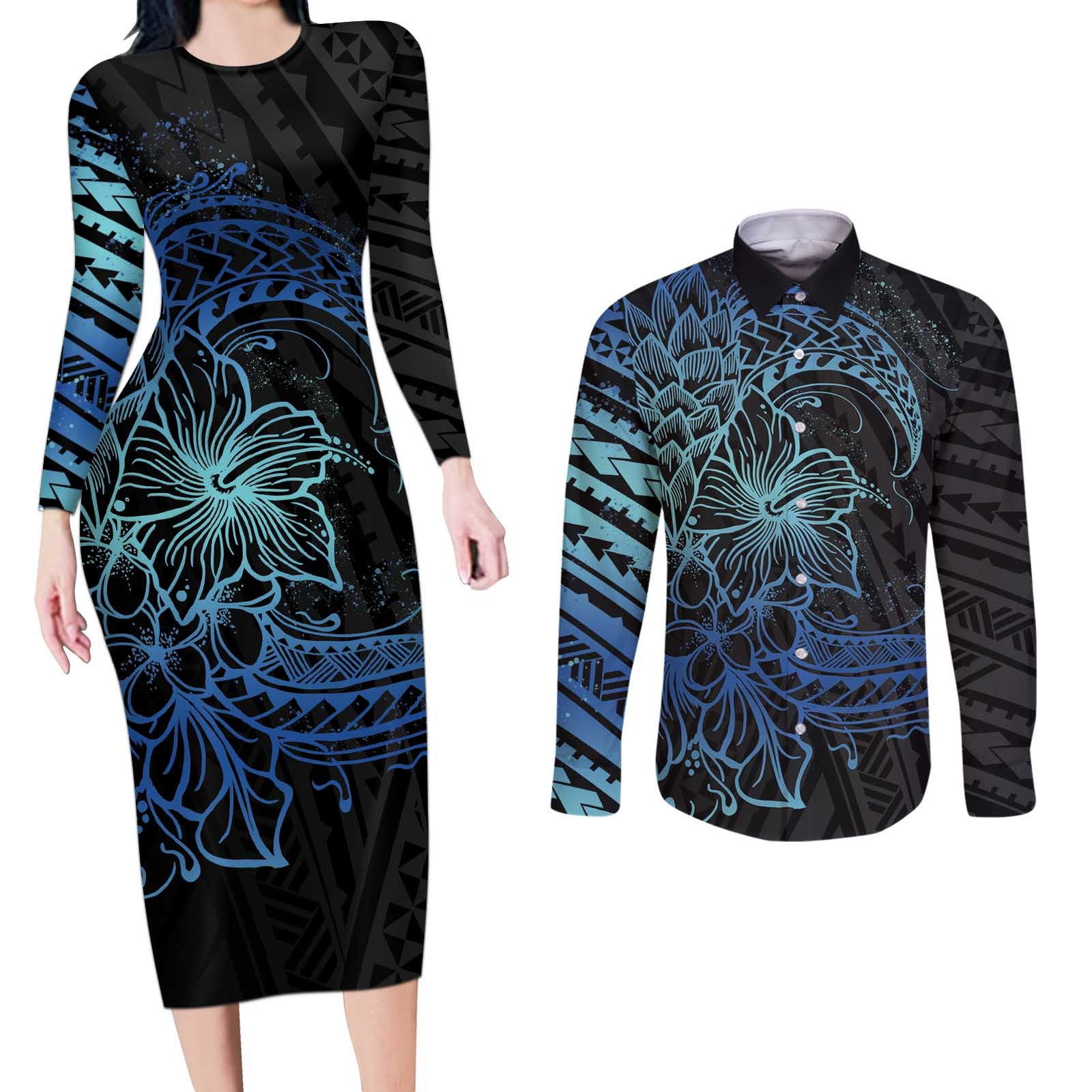Floral Polynesian Hibiscus Tattoo Couples Matching Long Sleeve Bodycon Dress and Long Sleeve Button Shirt Blue Gradient Style
