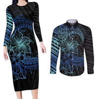 Floral Polynesian Hibiscus Tattoo Couples Matching Long Sleeve Bodycon Dress and Long Sleeve Button Shirt Blue Gradient Style