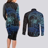 Floral Polynesian Hibiscus Tattoo Couples Matching Long Sleeve Bodycon Dress and Long Sleeve Button Shirt Blue Gradient Style
