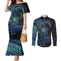 Floral Polynesian Hibiscus Tattoo Couples Matching Mermaid Dress and Long Sleeve Button Shirt Blue Gradient Style