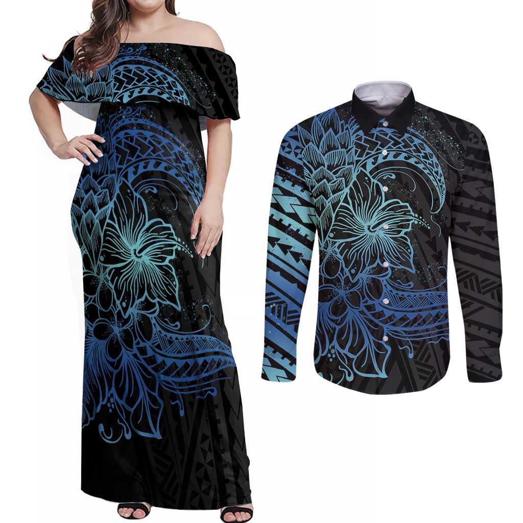 Floral Polynesian Hibiscus Tattoo Couples Matching Off Shoulder Maxi Dress and Long Sleeve Button Shirt Blue Gradient Style