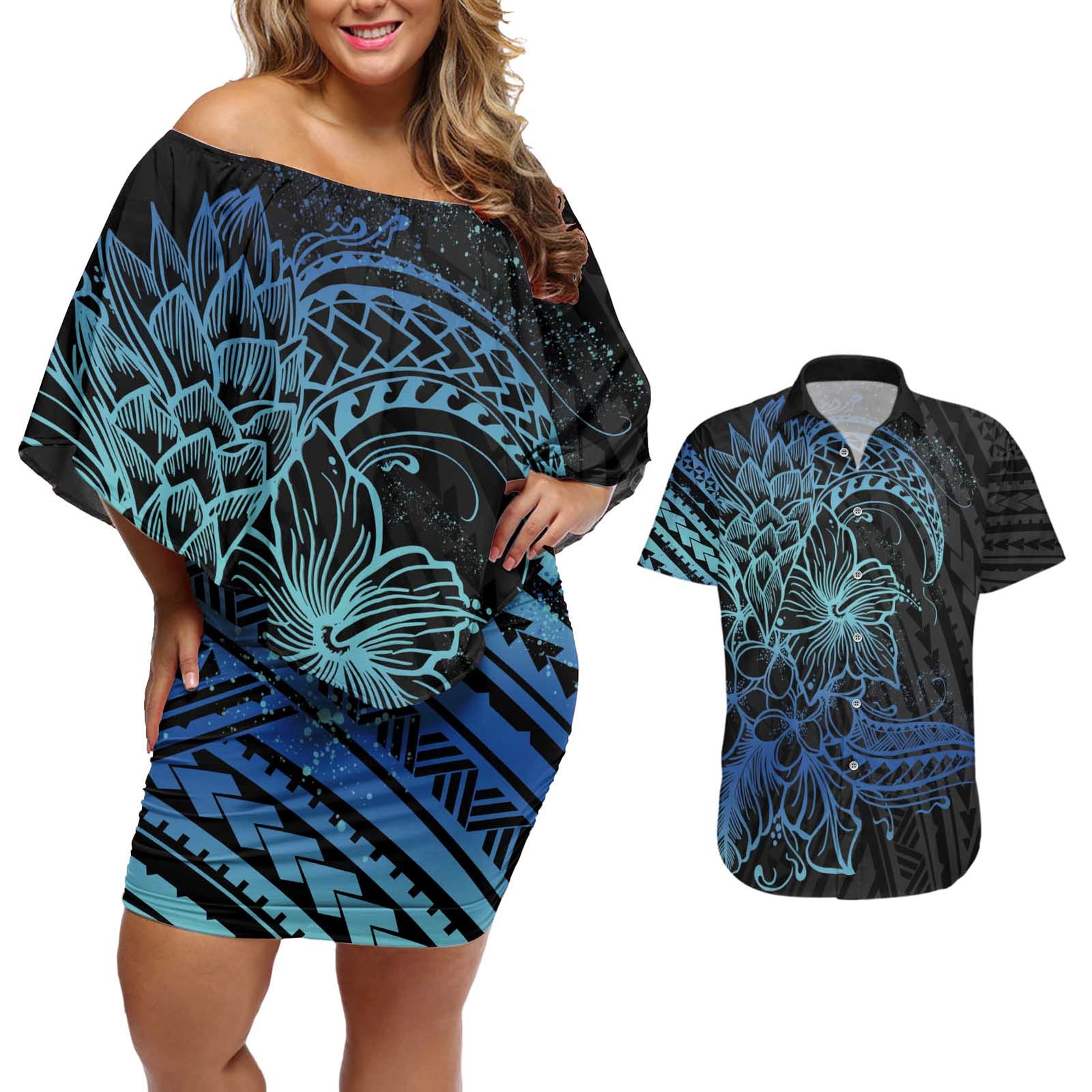 Floral Polynesian Hibiscus Tattoo Couples Matching Off Shoulder Short Dress and Hawaiian Shirt Blue Gradient Style