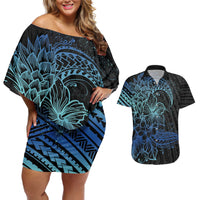Floral Polynesian Hibiscus Tattoo Couples Matching Off Shoulder Short Dress and Hawaiian Shirt Blue Gradient Style