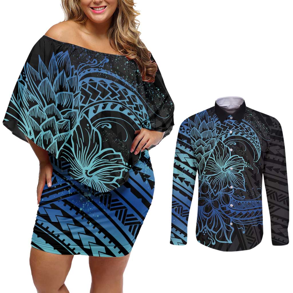 Floral Polynesian Hibiscus Tattoo Couples Matching Off Shoulder Short Dress and Long Sleeve Button Shirt Blue Gradient Style