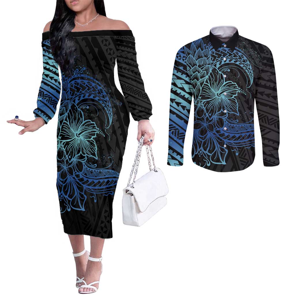 Floral Polynesian Hibiscus Tattoo Couples Matching Off The Shoulder Long Sleeve Dress and Long Sleeve Button Shirt Blue Gradient Style