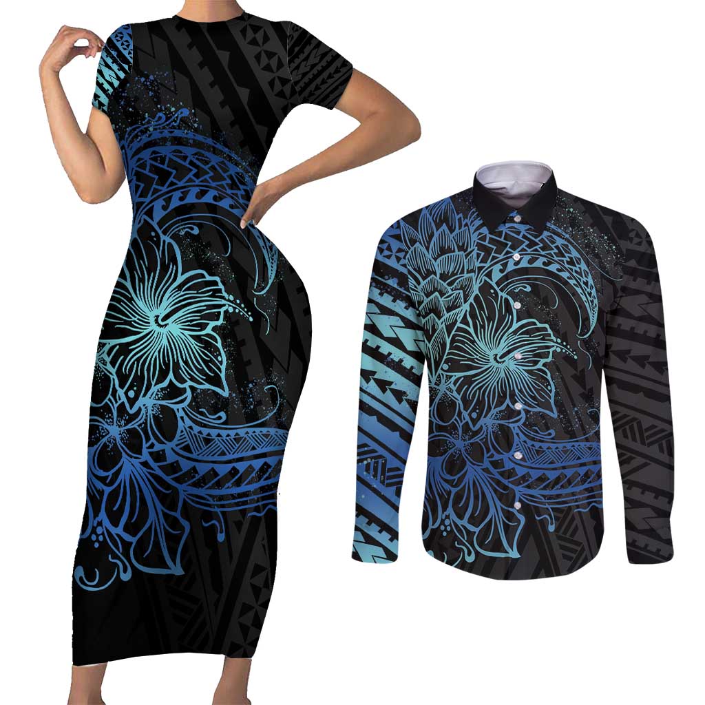 Floral Polynesian Hibiscus Tattoo Couples Matching Short Sleeve Bodycon Dress and Long Sleeve Button Shirt Blue Gradient Style