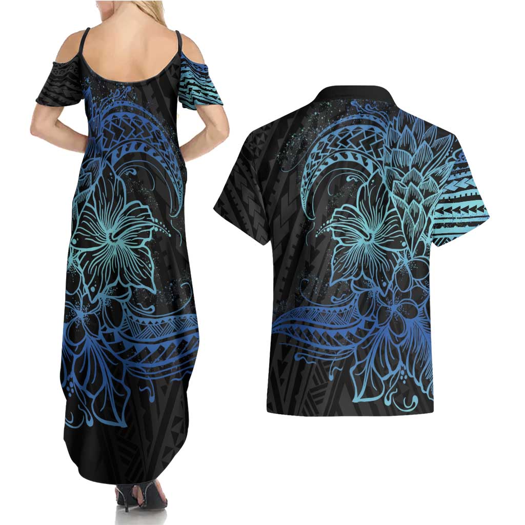 Floral Polynesian Hibiscus Tattoo Couples Matching Summer Maxi Dress and Hawaiian Shirt Blue Gradient Style