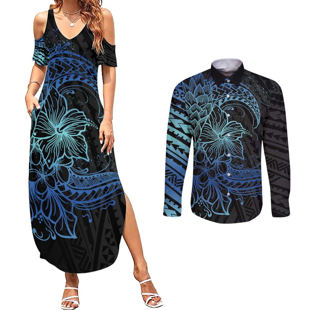 Floral Polynesian Hibiscus Tattoo Couples Matching Summer Maxi Dress and Long Sleeve Button Shirt Blue Gradient Style