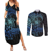 Floral Polynesian Hibiscus Tattoo Couples Matching Summer Maxi Dress and Long Sleeve Button Shirt Blue Gradient Style