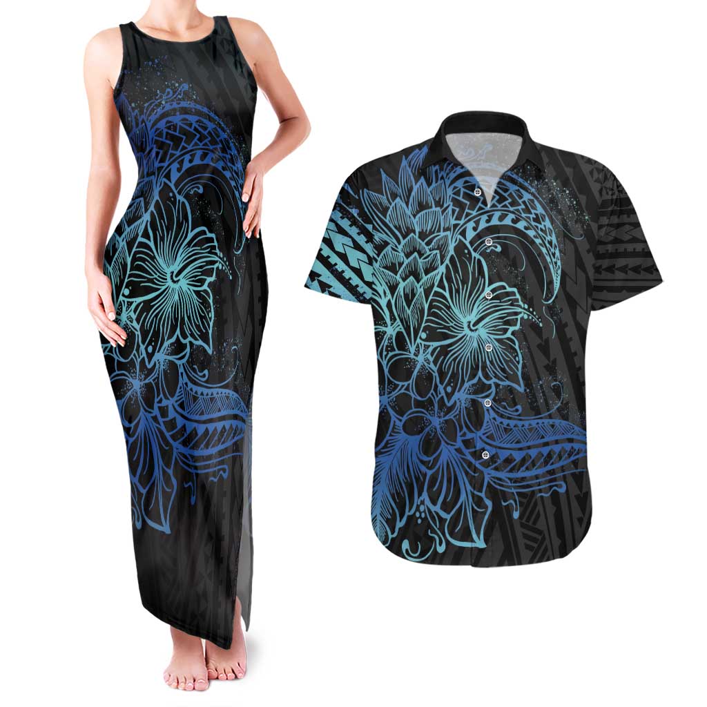 Floral Polynesian Hibiscus Tattoo Couples Matching Tank Maxi Dress and Hawaiian Shirt Blue Gradient Style