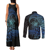 Floral Polynesian Hibiscus Tattoo Couples Matching Tank Maxi Dress and Long Sleeve Button Shirt Blue Gradient Style