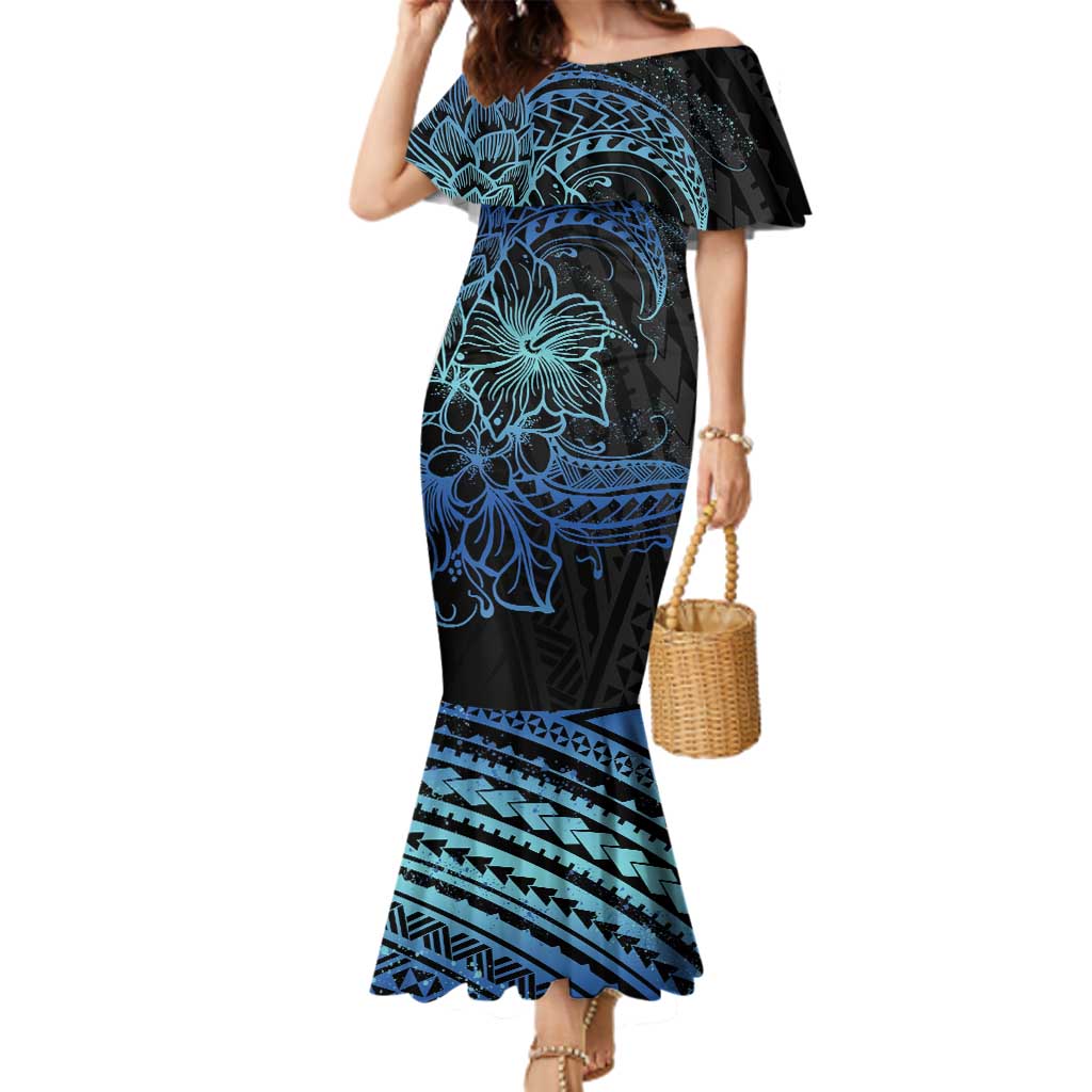 Floral Polynesian Hibiscus Tattoo Family Matching Mermaid Dress and Hawaiian Shirt Blue Gradient Style