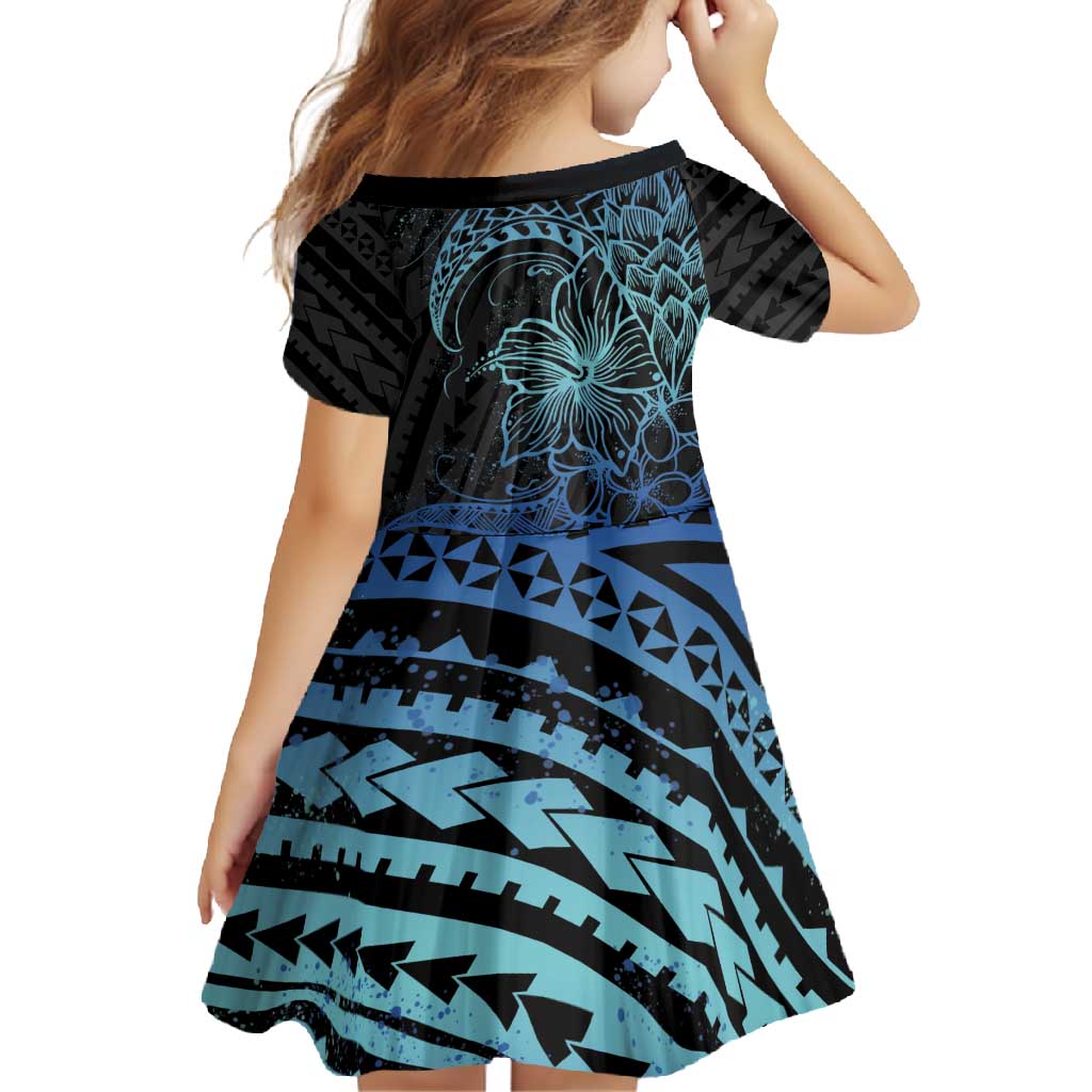 Floral Polynesian Hibiscus Tattoo Family Matching Off Shoulder Maxi Dress and Hawaiian Shirt Blue Gradient Style LT9 - Polynesian Pride