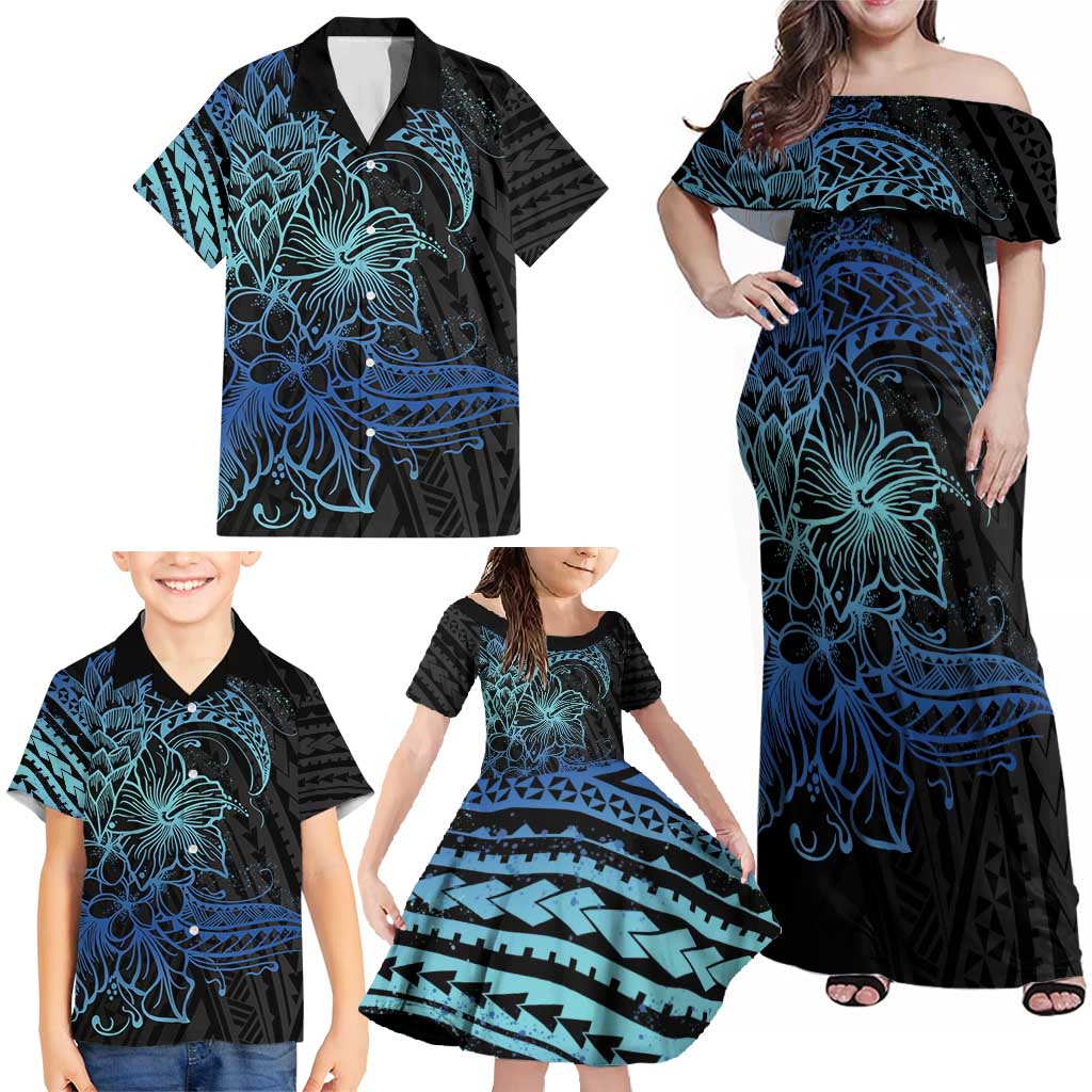 Floral Polynesian Hibiscus Tattoo Family Matching Off Shoulder Maxi Dress and Hawaiian Shirt Blue Gradient Style LT9 - Polynesian Pride