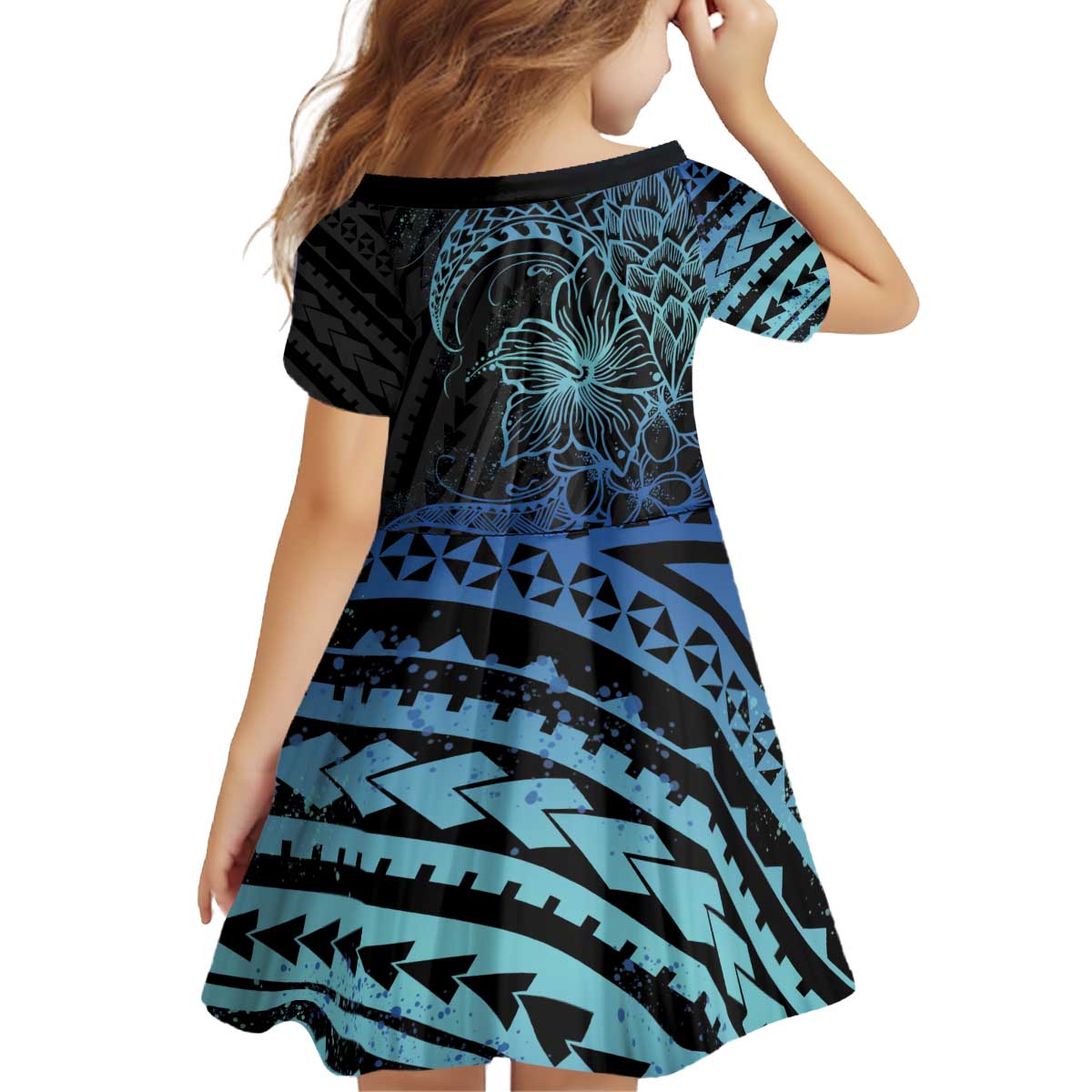 Floral Polynesian Hibiscus Tattoo Family Matching Off Shoulder Short Dress and Hawaiian Shirt Blue Gradient Style LT9 - Polynesian Pride