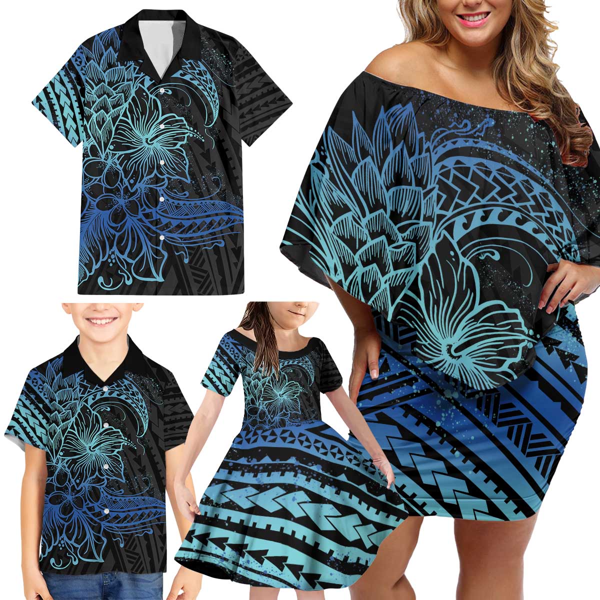 Floral Polynesian Hibiscus Tattoo Family Matching Off Shoulder Short Dress and Hawaiian Shirt Blue Gradient Style LT9 - Polynesian Pride