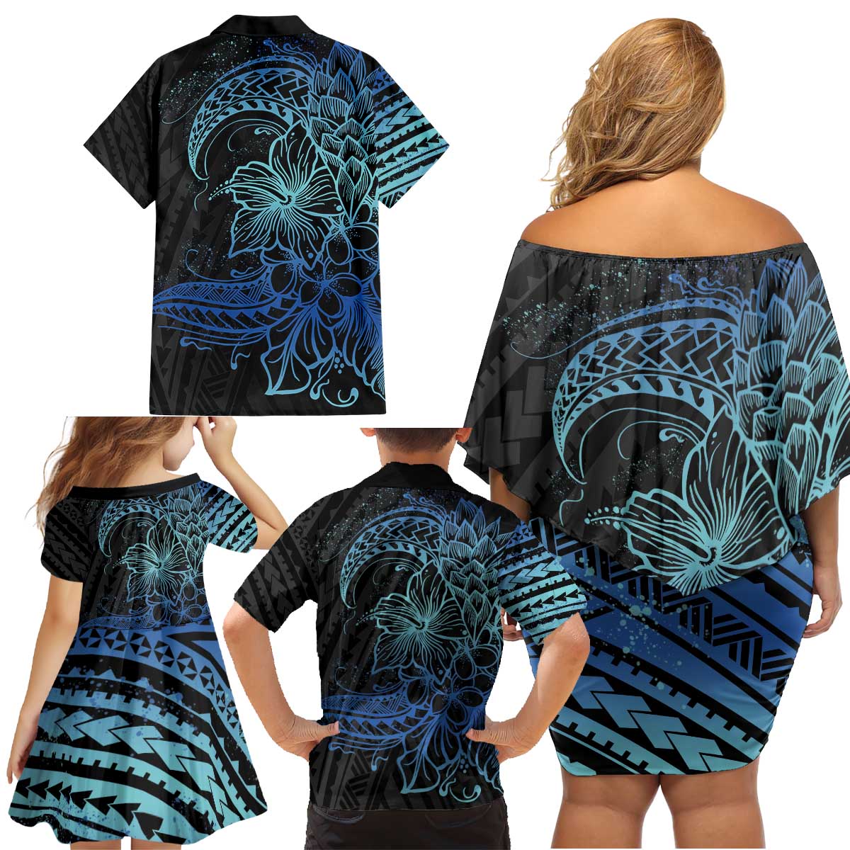 Floral Polynesian Hibiscus Tattoo Family Matching Off Shoulder Short Dress and Hawaiian Shirt Blue Gradient Style LT9 - Polynesian Pride