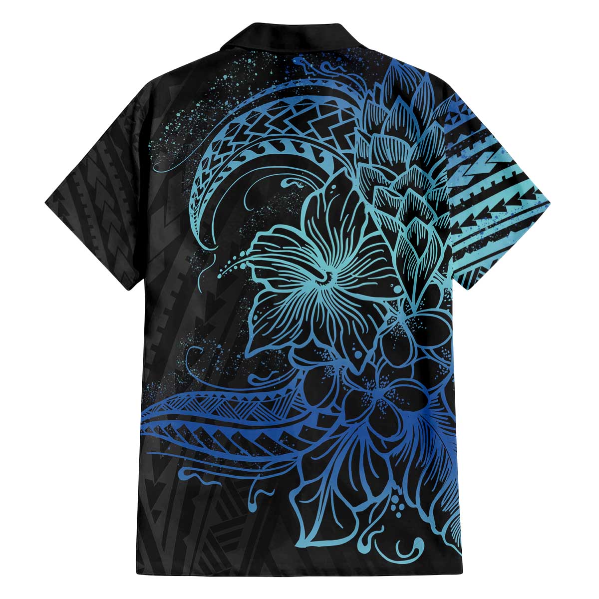Floral Polynesian Hibiscus Tattoo Family Matching Off Shoulder Short Dress and Hawaiian Shirt Blue Gradient Style LT9 - Polynesian Pride