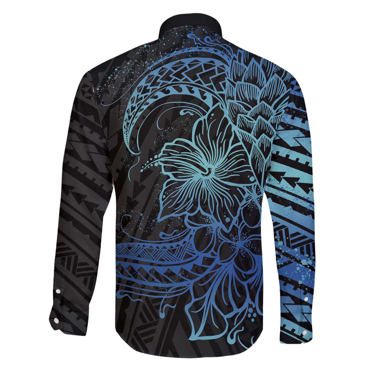 Floral Polynesian Hibiscus Tattoo Family Matching Off Shoulder Short Dress and Hawaiian Shirt Blue Gradient Style LT9 - Polynesian Pride
