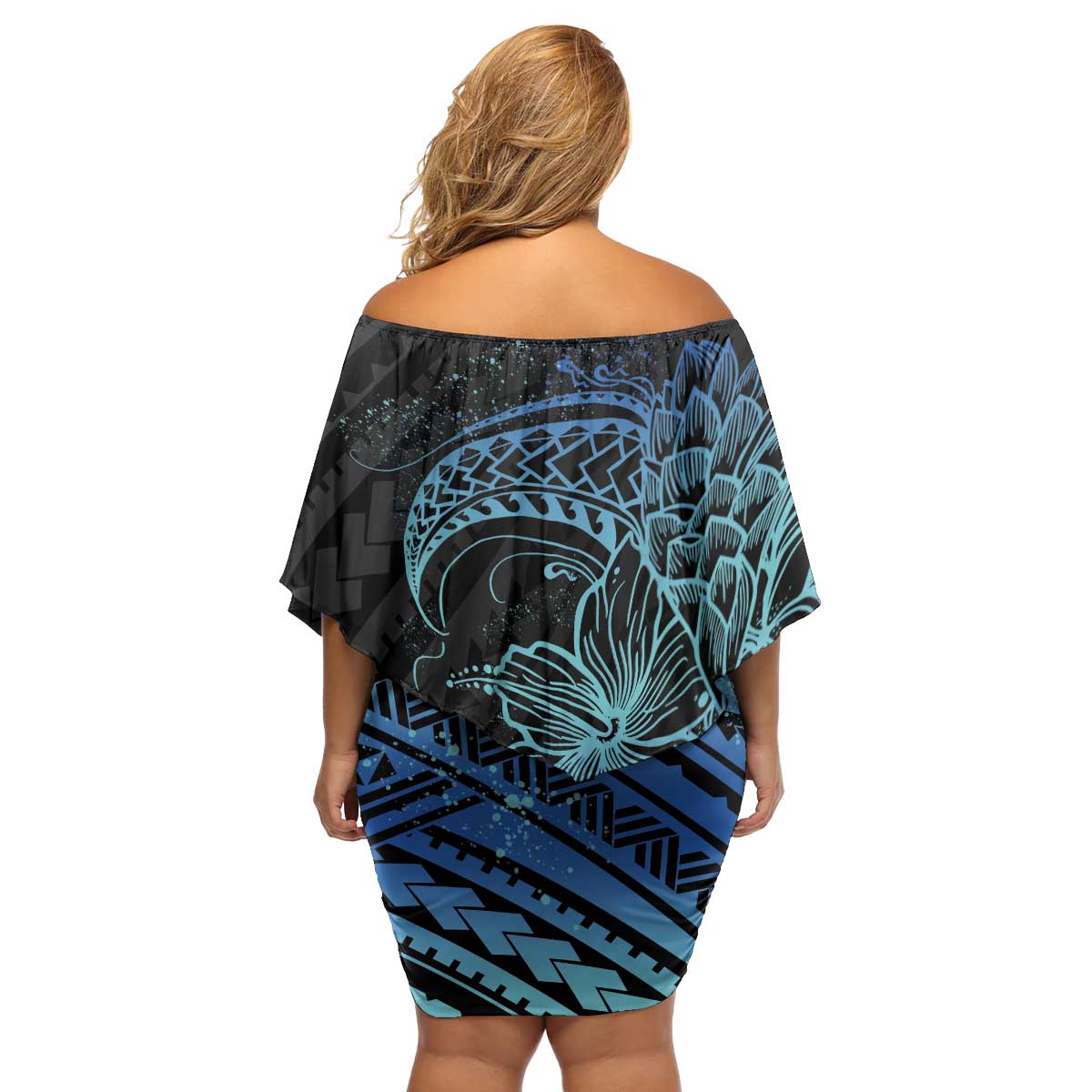 Floral Polynesian Hibiscus Tattoo Family Matching Off Shoulder Short Dress and Hawaiian Shirt Blue Gradient Style LT9 - Polynesian Pride