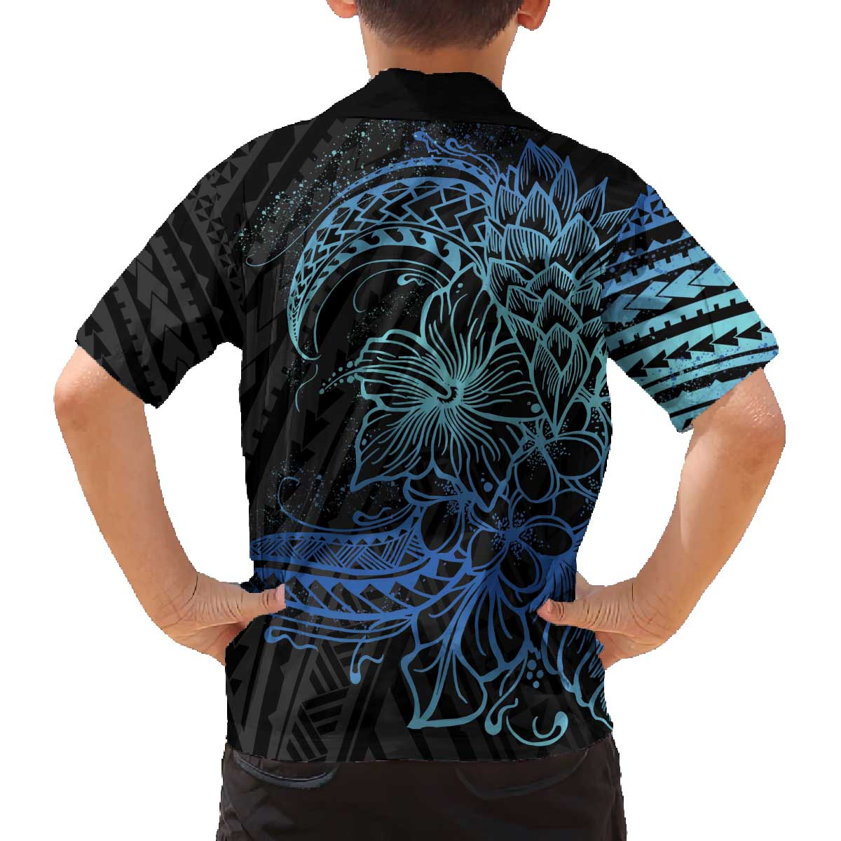 Floral Polynesian Hibiscus Tattoo Family Matching Puletasi and Hawaiian Shirt Blue Gradient Style LT9 - Polynesian Pride