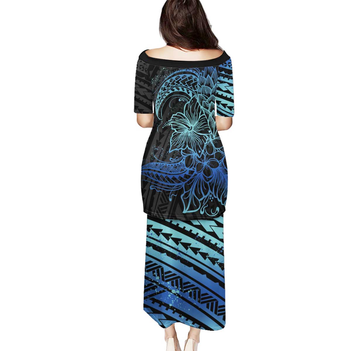 Floral Polynesian Hibiscus Tattoo Family Matching Puletasi and Hawaiian Shirt Blue Gradient Style LT9 - Polynesian Pride
