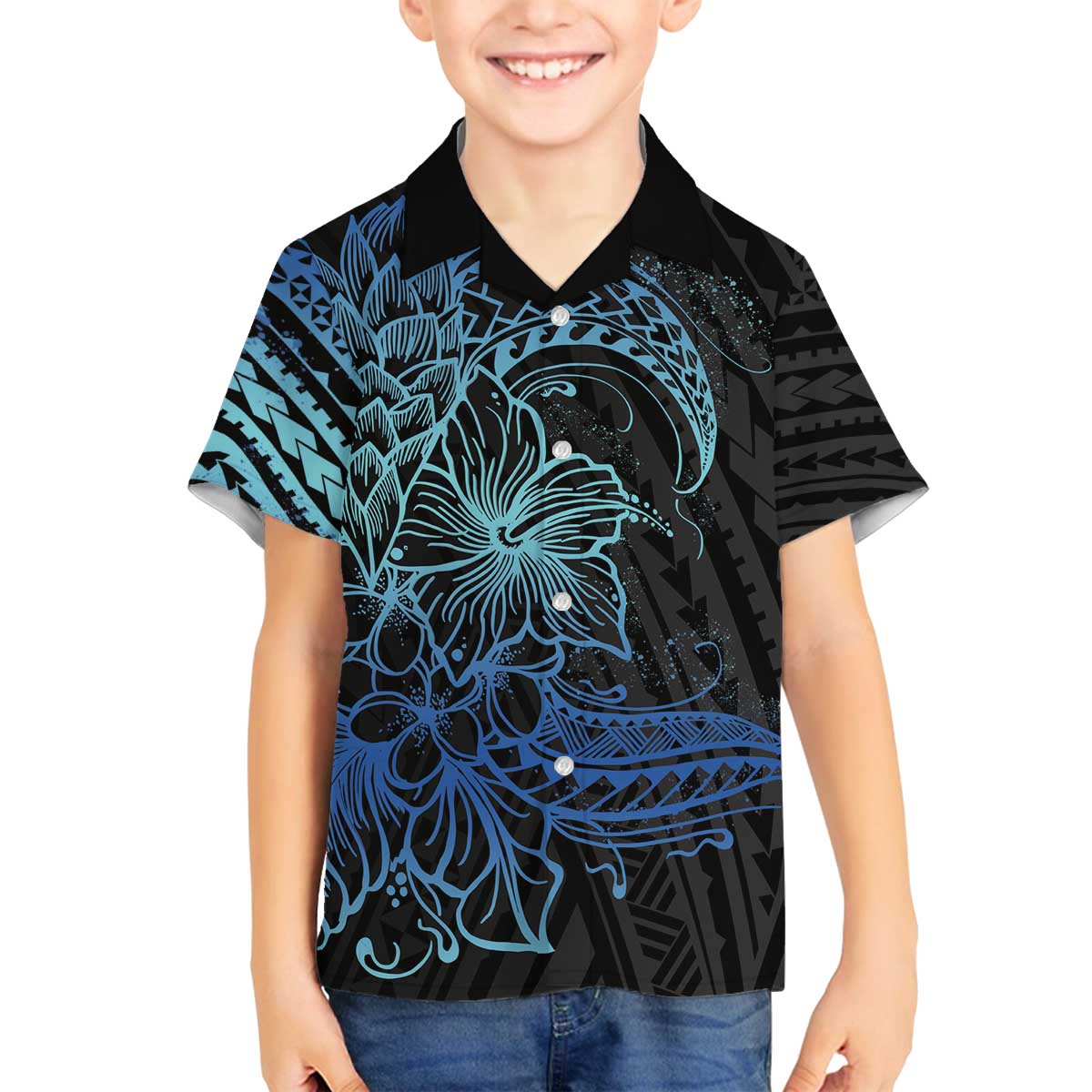 Floral Polynesian Hibiscus Tattoo Family Matching Puletasi and Hawaiian Shirt Blue Gradient Style LT9 Son's Shirt Blue - Polynesian Pride