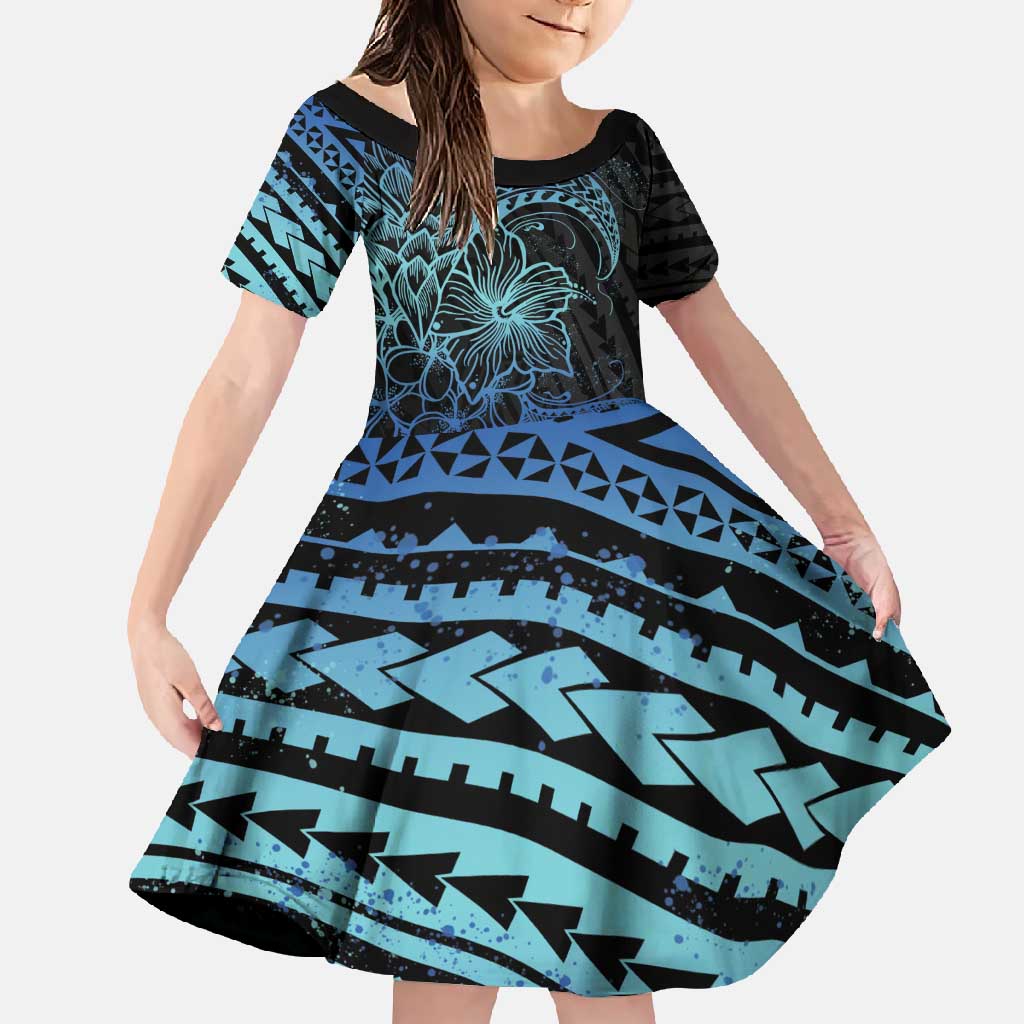 Floral Polynesian Hibiscus Tattoo Family Matching Summer Maxi Dress and Hawaiian Shirt Blue Gradient Style LT9 Daughter's Dress Blue - Polynesian Pride