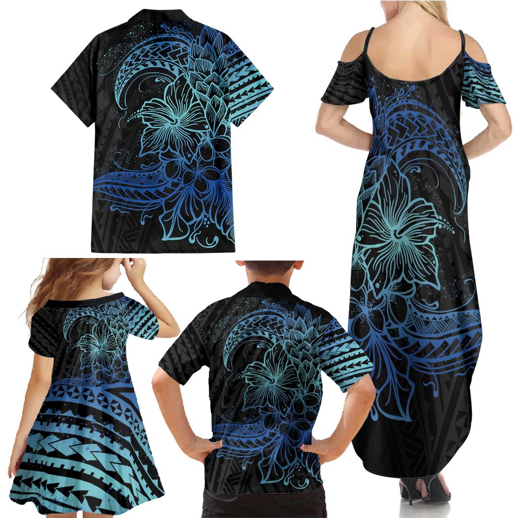 Floral Polynesian Hibiscus Tattoo Family Matching Summer Maxi Dress and Hawaiian Shirt Blue Gradient Style LT9 - Polynesian Pride