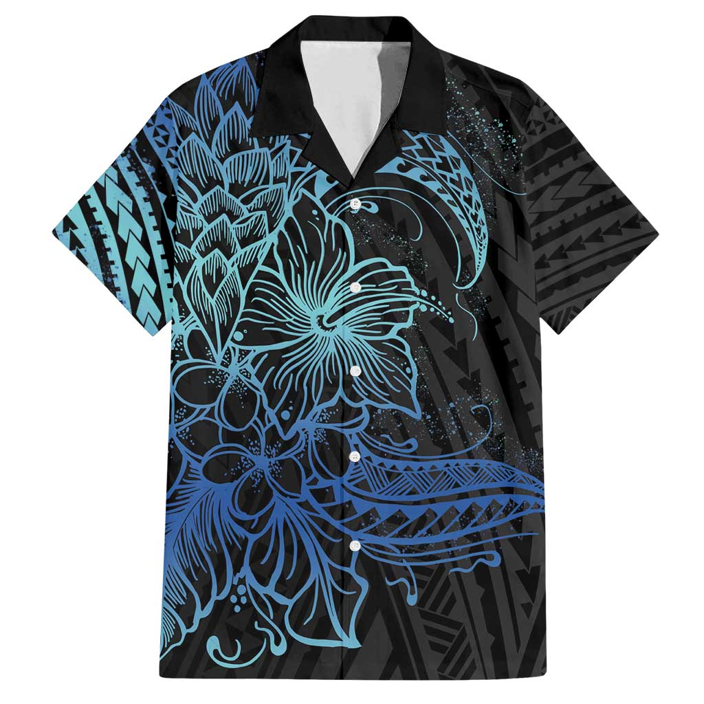 Floral Polynesian Hibiscus Tattoo Family Matching Summer Maxi Dress and Hawaiian Shirt Blue Gradient Style LT9 Dad's Shirt - Short Sleeve Blue - Polynesian Pride