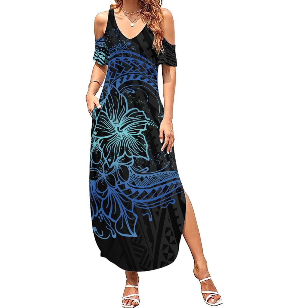 Floral Polynesian Hibiscus Tattoo Family Matching Summer Maxi Dress and Hawaiian Shirt Blue Gradient Style LT9 Mom's Dress Blue - Polynesian Pride