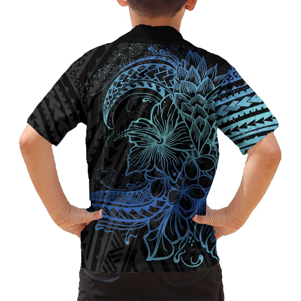 Floral Polynesian Hibiscus Tattoo Family Matching Tank Maxi Dress and Hawaiian Shirt Blue Gradient Style LT9 - Polynesian Pride