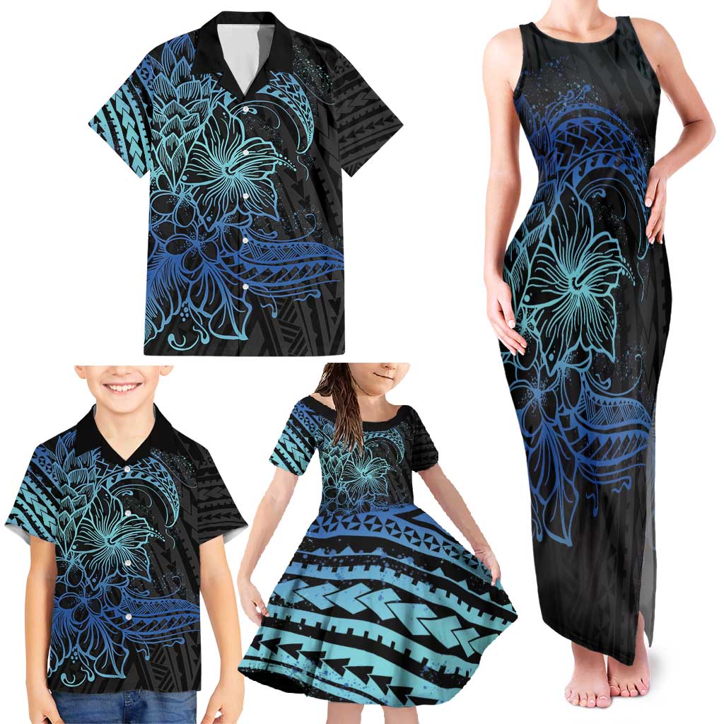 Floral Polynesian Hibiscus Tattoo Family Matching Tank Maxi Dress and Hawaiian Shirt Blue Gradient Style LT9 - Polynesian Pride