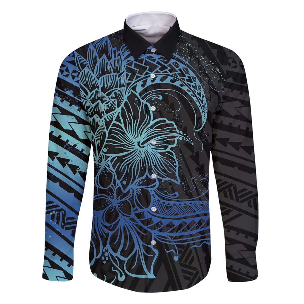 Floral Polynesian Hibiscus Tattoo Family Matching Tank Maxi Dress and Hawaiian Shirt Blue Gradient Style LT9 Dad's Shirt - Long Sleeve Blue - Polynesian Pride