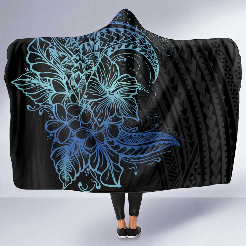 Floral Polynesian Hibiscus Tattoo Hooded Blanket Blue Gradient Style