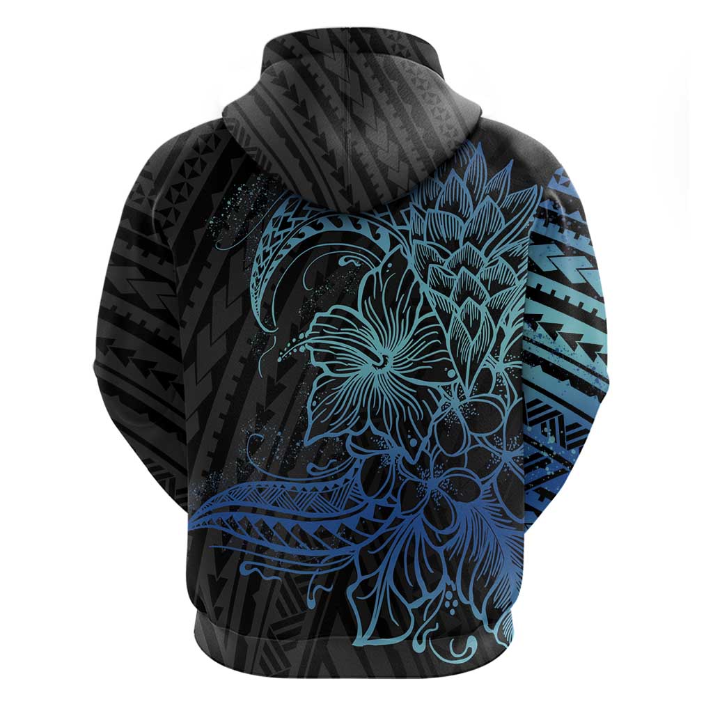 Floral Polynesian Hibiscus Tattoo Hoodie Blue Gradient Style