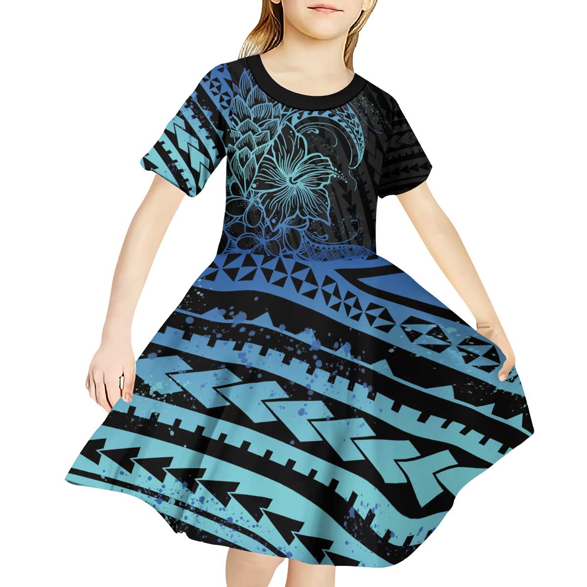Floral Polynesian Hibiscus Tattoo Kid Short Sleeve Dress Blue Gradient Style LT9 - Polynesian Pride