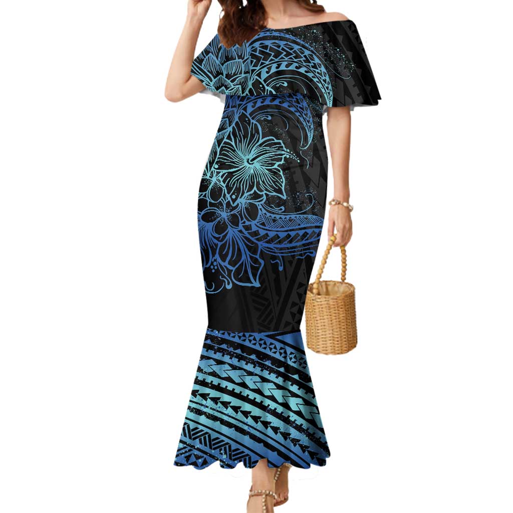 Floral Polynesian Hibiscus Tattoo Mermaid Dress Blue Gradient Style