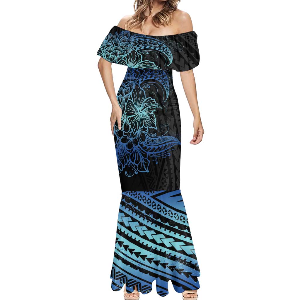 Floral Polynesian Hibiscus Tattoo Mermaid Dress Blue Gradient Style LT9 - Polynesian Pride