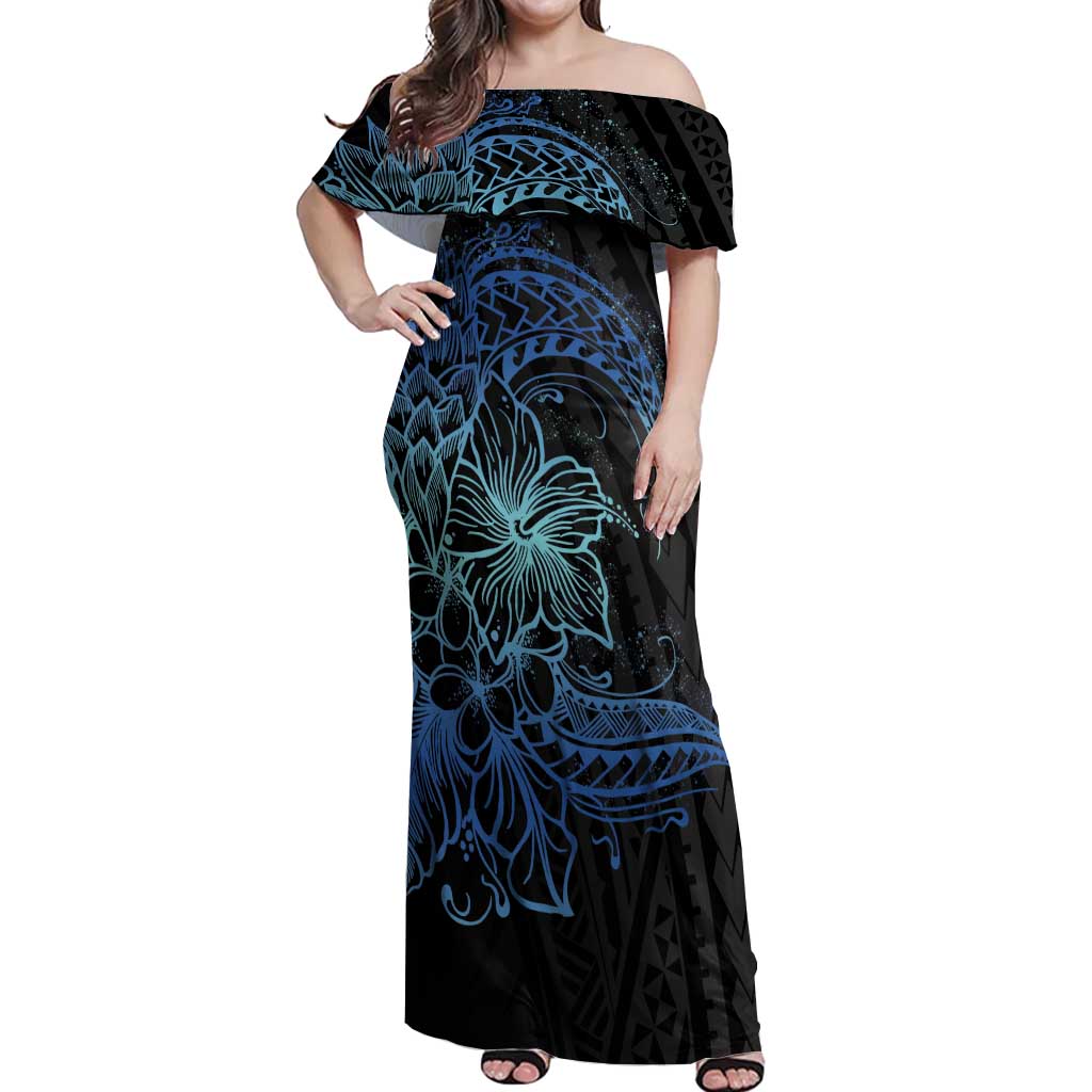 Floral Polynesian Hibiscus Tattoo Off Shoulder Maxi Dress Blue Gradient Style LT9 Women Blue - Polynesian Pride