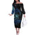 Floral Polynesian Hibiscus Tattoo Off The Shoulder Long Sleeve Dress Blue Gradient Style