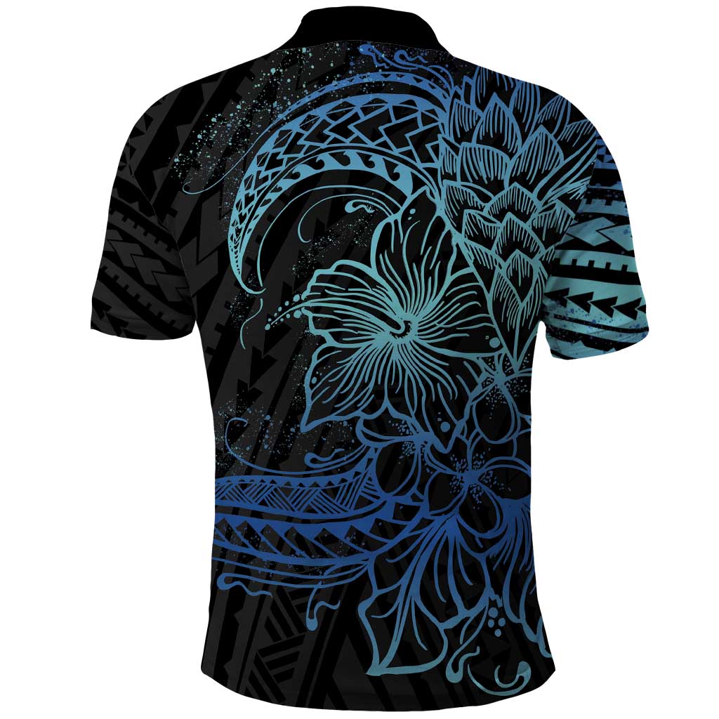 Floral Polynesian Hibiscus Tattoo Polo Shirt Blue Gradient Style