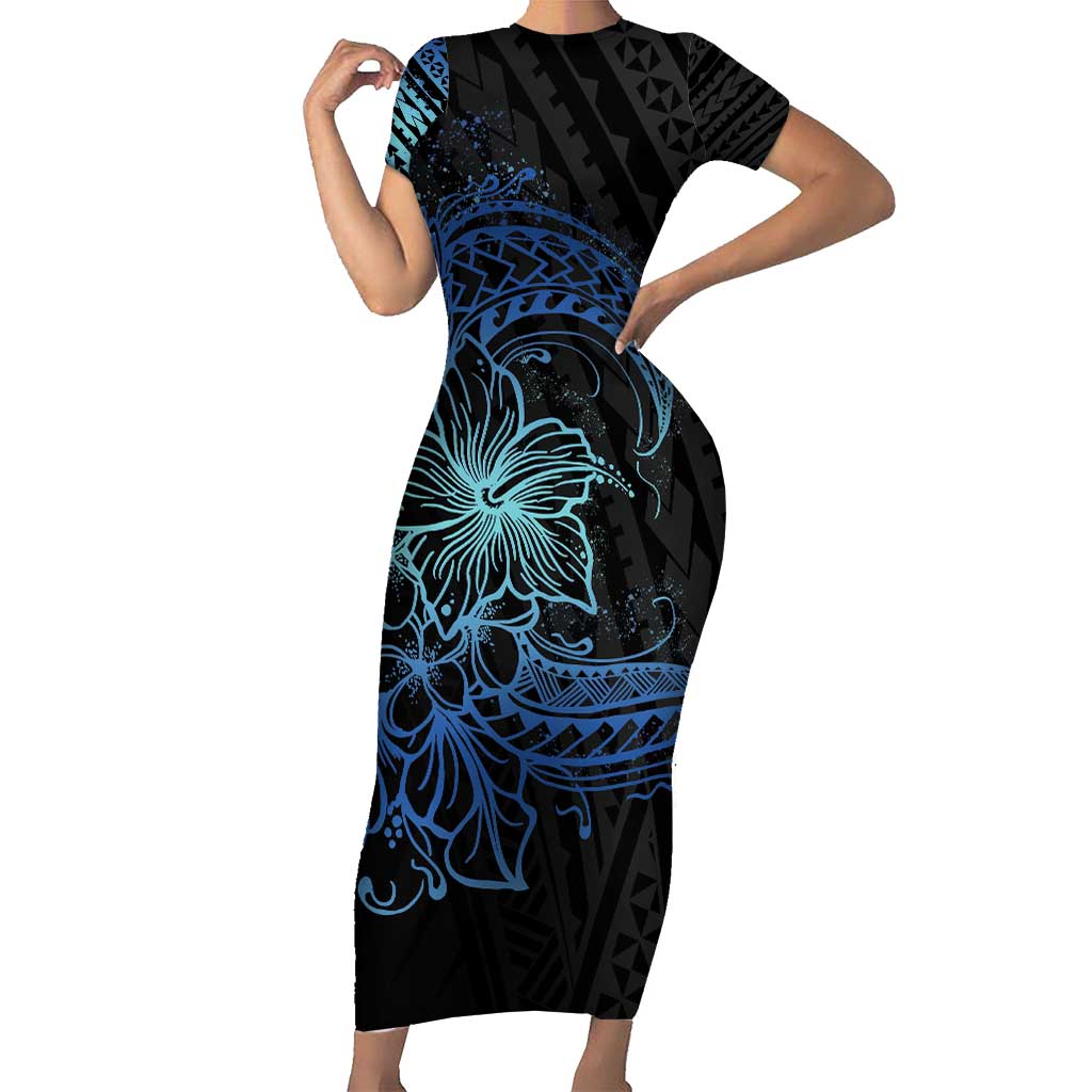 Floral Polynesian Hibiscus Tattoo Short Sleeve Bodycon Dress Blue Gradient Style LT9 Long Dress Blue - Polynesian Pride