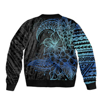 Floral Polynesian Hibiscus Tattoo Sleeve Zip Bomber Jacket Blue Gradient Style